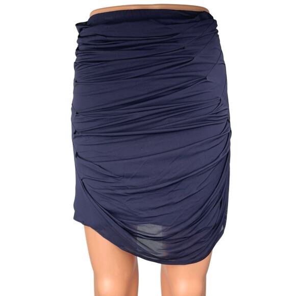 Yigal Azrouel Navy Blue Draped High Waisted Stretch Ruched Pencil Mini Skirt S - Picture 1 of 5